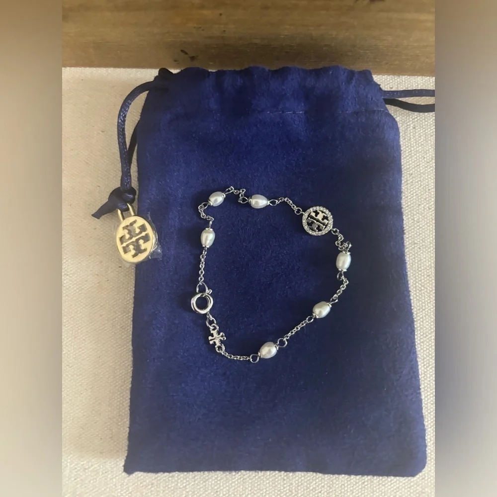 Tory Burch Crystal Pearl Logo Bracelet NEW